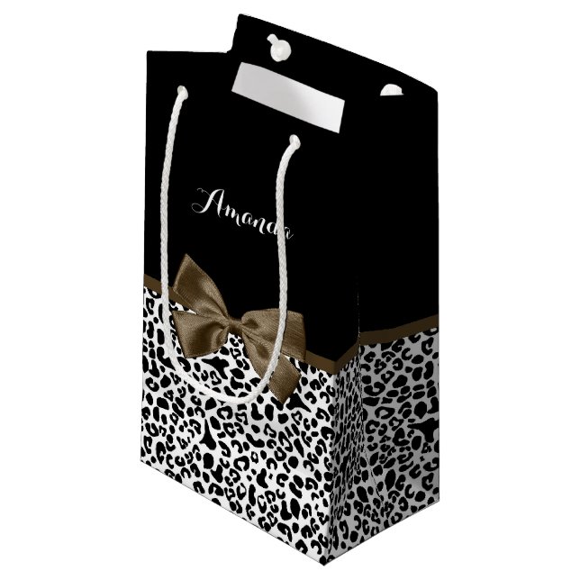 Bolsa De Regalo Pequeña Sofisticado Leopard Print Brown Bow Con Nombre (Angulo Anverso)