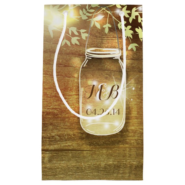 Bolsa De Regalo Pequeña String Lights Mason Jar Rustic Boda (Anverso)