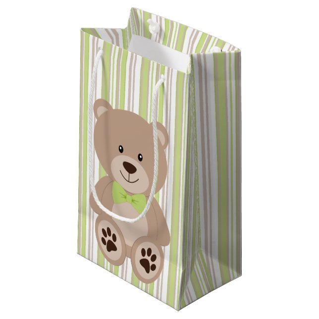 BOLSA DE REGALO PEQUEÑA TAMAÑO CON OSO DE MADERA CON BARRA VERDE Y BALDOSA (Angulo Anverso)