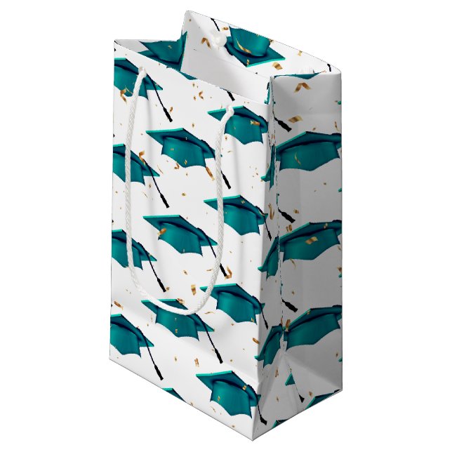 Bolsa De Regalo Pequeña Tapón verde azulado de graduación con confetti (Angulo Anverso)