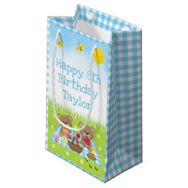 Bolsa De Regalo Pequeña Teddy Bears Picnic Blue Gingham Happy Birday