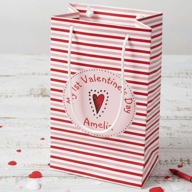 Bolsa De Regalo Pequeña Tiras rojas y blancas rosadas Babys First Valentin (Cute Trendy My 1st Valentine's Day Gift Bags for Baby Girl. Modern Red Pink Stripes Pattern for Kids)