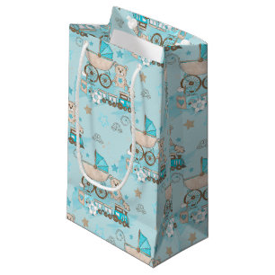 BOLSA DE REGALO PEQUEÑA TRENES DE OSO DE PRAM PARA BEBÉ AZUL Y TAN
