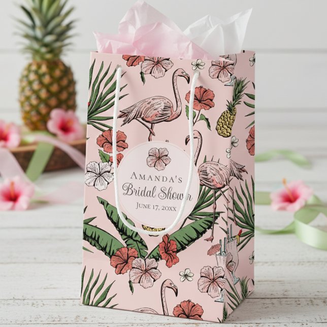 Bolsa De Regalo Pequeña Tropical Pink Flamingo y Hibiscus Despedida de Sol (Chic Pink Tropical Floral Pink Flamingo, Hibiscus Flowers & Banana Leaves Bridal Shower Gift Bags)