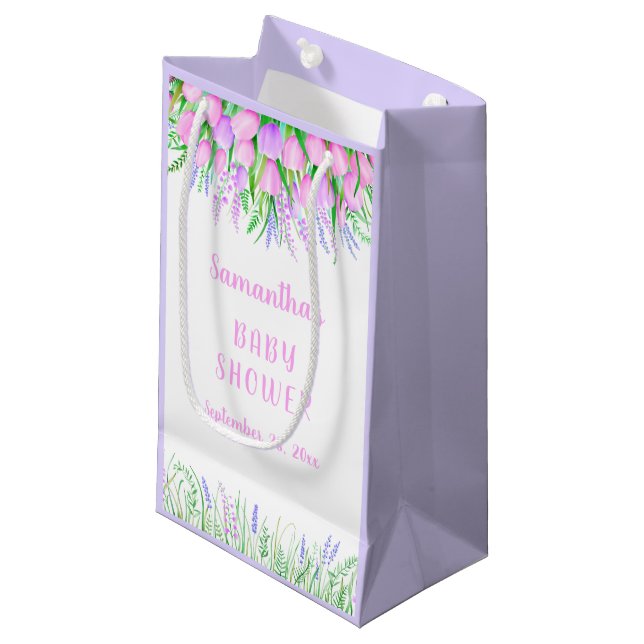 Bolsa De Regalo Pequeña Tulipanes rosados de lavanda floral de Baby Shower (Angulo Anverso)
