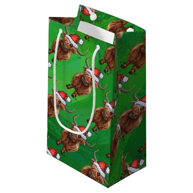 Bolsa De Regalo Pequeña Vaca Highland en patrón Santa Hat en verde (Angulo Anverso)