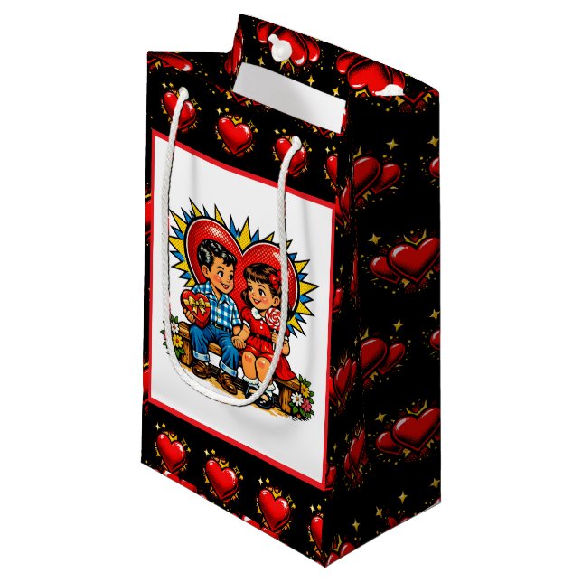 Bolsa De Regalo Pequeña Valentine's Day | Retro Pop Art Boy and Girl (Angulo Anverso)