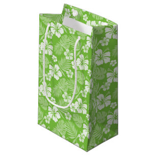 BOLSA DE REGALO PEQUEÑA VERDE LÍMITE CON FLORES DE HIBISCO BLANCO TROPICAL