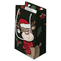 Bolsa de regalo pequeña verde oscuro de renos y mo
