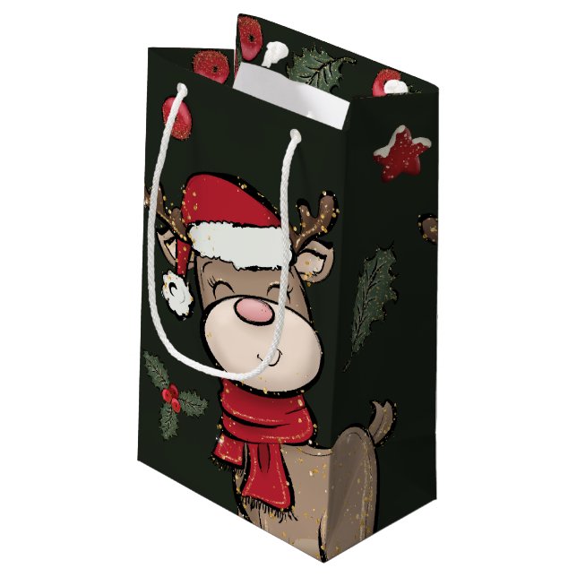 Bolsa de regalo pequeña verde oscuro de renos y mo (Angulo reverso)