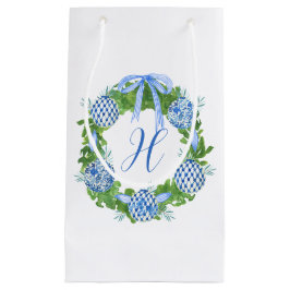 Bolsa De Regalo Pequeña Watercolor Chinoiserie Navidades Wreath Monograma