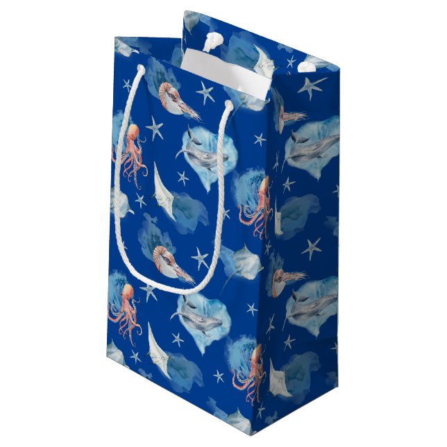 Bolsa De Regalo Pequeña Watercolor Sea Animals Deep Blue (Angulo reverso)