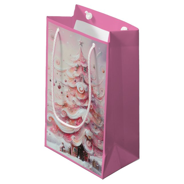 Bolsa De Regalo Pequeña Whimsical Christmas Tree Pink White Swirls (Angulo Anverso)