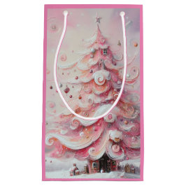 Bolsa De Regalo Pequeña Whimsical Christmas Tree Pink White Swirls