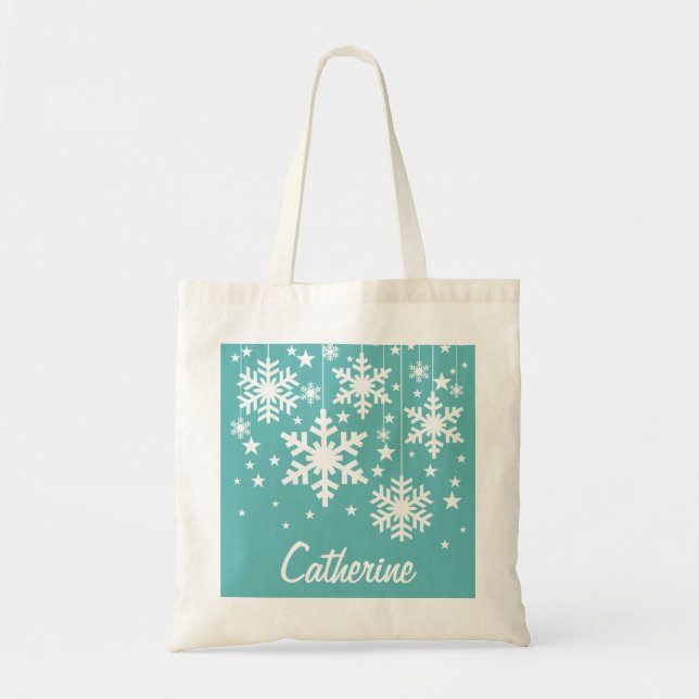 Bolsa de té con copos de nieve y estrellas, Aqua (Frente)