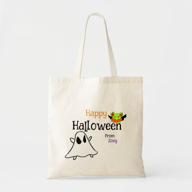 Bolsa de té de Halloween feliz con ghostie y rana (Frente)