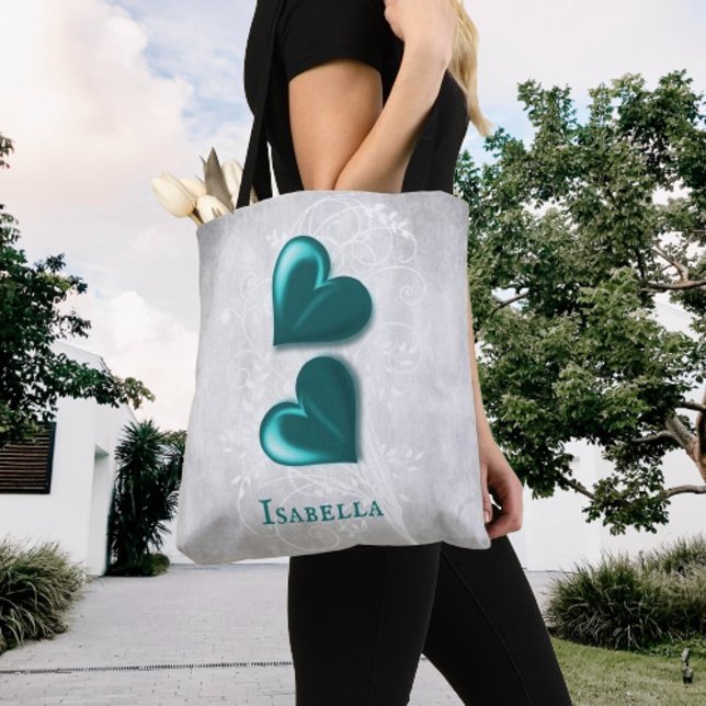 Bolsa de té personalizada para corazones verde azu (Teal Hearts Personalized Tote Bag)