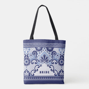 Bolsa de tela de Talavera mexicana blanca y azul