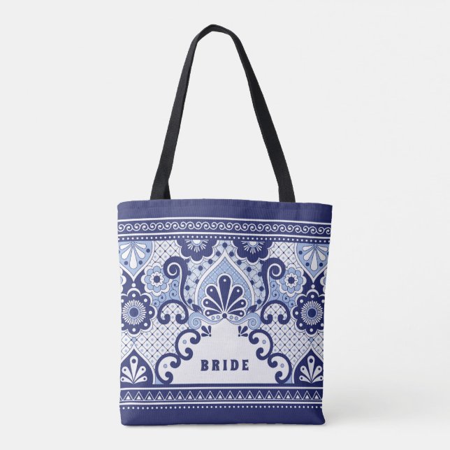 Bolsa de tela de Talavera mexicana blanca y azul (Reverso)