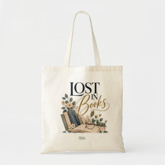 Bolsa de tela Lost in Books con libros y flores