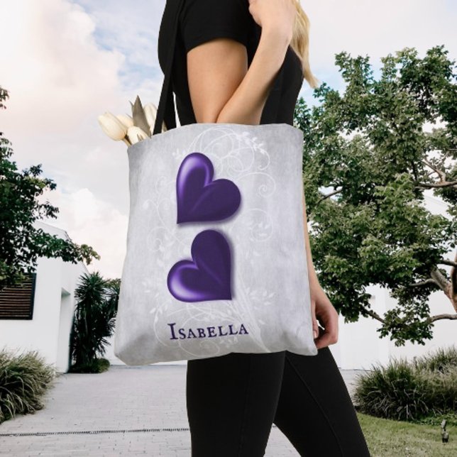 Bolsa de tetas personalizada de los corazones mora (Purple Hearts Personalized Tote Bag)