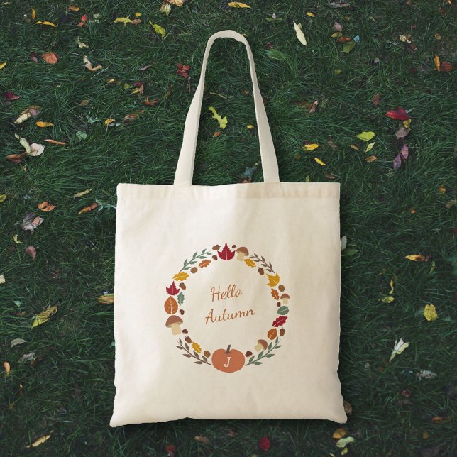 Bolsa de tocado de monograma de la guirnalda de ot (Fall Wreath Monogram Tote Bag)