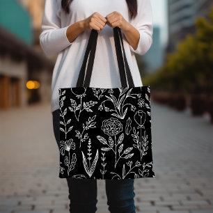 Bolsa de tocador blanca y negra floral, flor dibuj