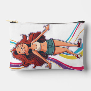 Bolsa de tocador con un feliz chica sobre ella, vi