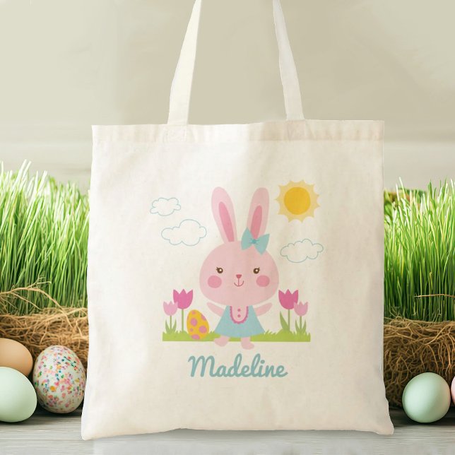 Bolsa de tocador de conejo de Pascua (Personalize this cute pink Easter bunny tote bag with your name. Great gift for an Easter egg hunt.)
