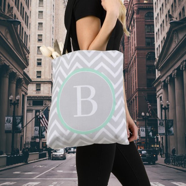 Bolsa de Toque de Monograma Verde Mint (Mint Green Chevron Monogram Tote Bag)
