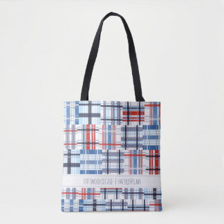 Bolsa de toques roja, blanca y azul con texto