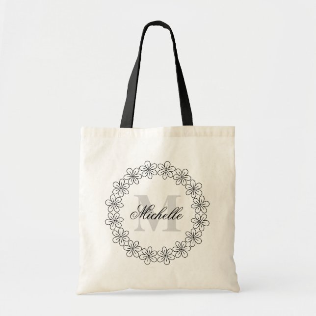 Bolsa de toscas con flor de monograma personalizad (Frente)