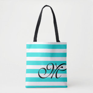 Bolsa de Tote Blue Aqua Beach Monogram & Stripes