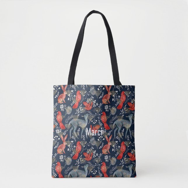Bolsa de Tote con diseño de arte popular en azul o (Anverso)