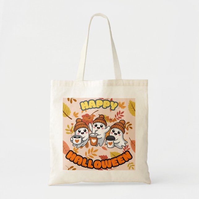 Bolsa de Tote con fantasmas y Feliz Halloween (Frente)