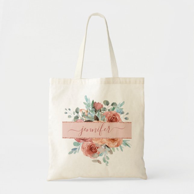 Bolsa De Tote Con Floral De Oro Rosa personalizado (Frente)