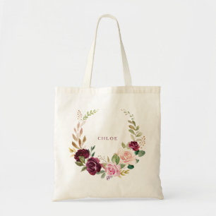 Bolsa de Tote con Floral Verde Rubor en Borgoña