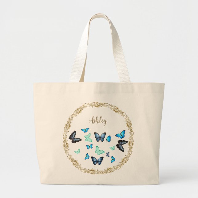 Bolsa de Tote con mariposas azules y diseño floral (Frente)