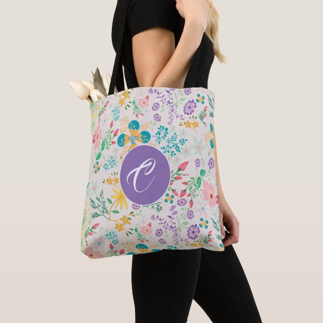 Bolsa De Tote Con Monograma Floral Retro Colorido (Detalle)