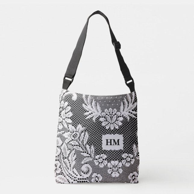 Bolsa de Tote de B&W de encaje floral personalizad (Anverso)