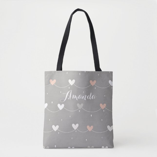 Bolsa De Tote De Canvas De Corazón Gris Blanco Ros (Anverso)