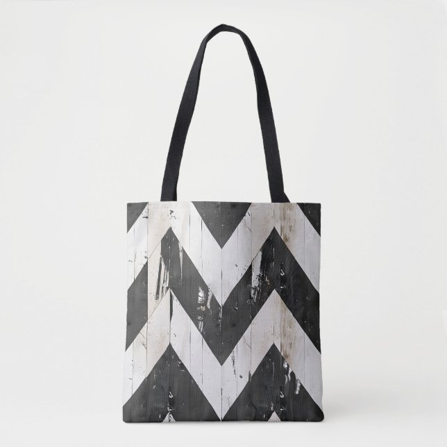 Bolsa De Tote De Chevron Rústico - Blanco Y Negro  (Anverso)