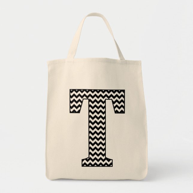 Bolsa de Tote de Chevron "T" negro y blanco (Frente)