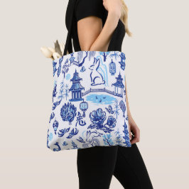 Bolsa De Tote De Chinoiserie En Conejo Azul Y Blan
