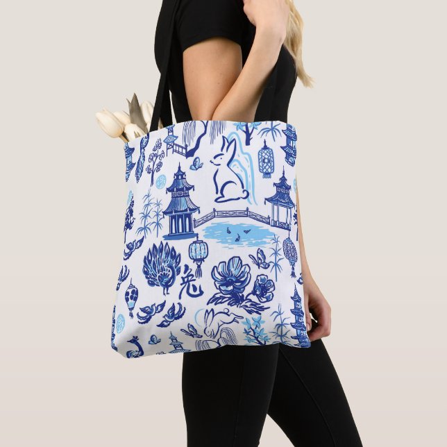 Bolsa De Tote De Chinoiserie En Conejo Azul Y Blan (Detalle)