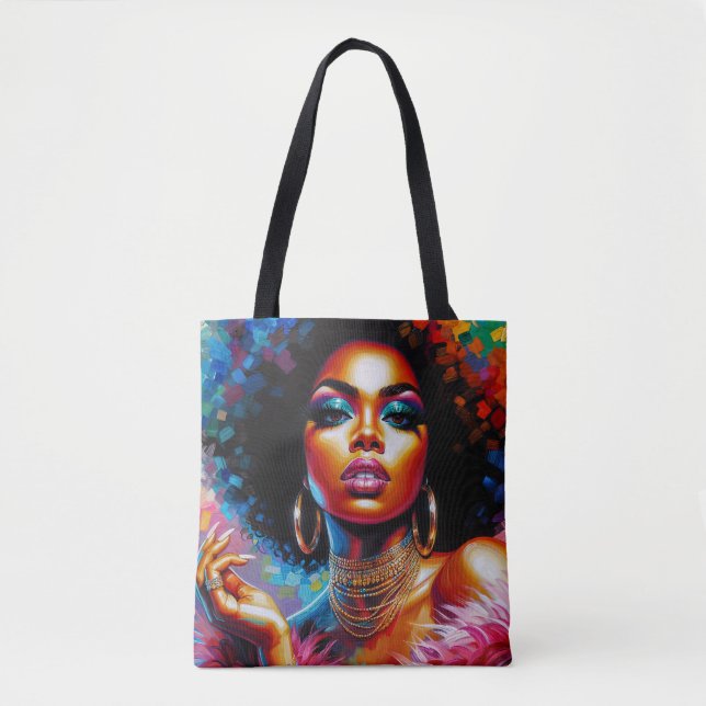 Bolsa de tote de glam Afro con arte pop de mujer n (Anverso)