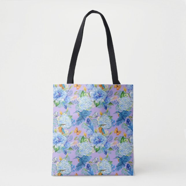 Bolsa de Tote de Hydrangeas Azules y Hummingbirds (Anverso)