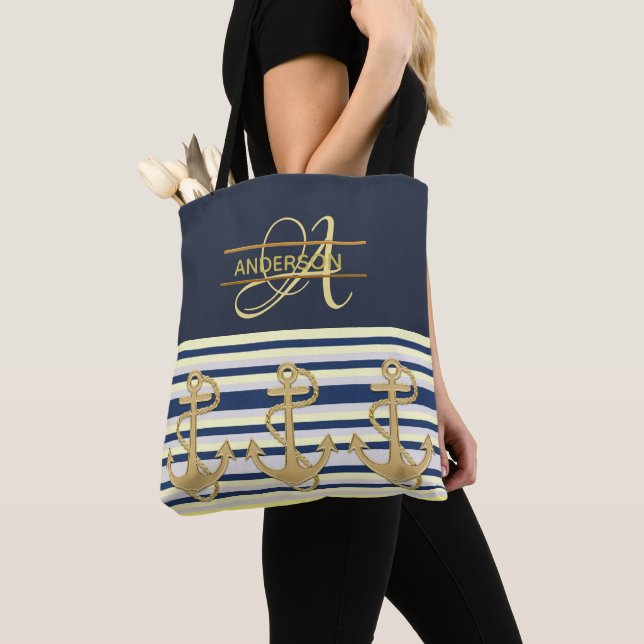Bolsa De Tote De La Bolsa Náutica De Oro Azul (Detalle)