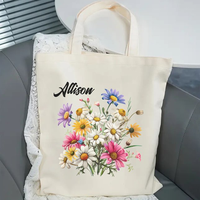 Bolsa de tote de la flor silvestre para ella, mamá (custom name tote, bridesmaid gift, bridal shower gift, bridesmaid proposal tote, baby shower gift)