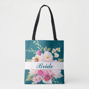 Bolsa de Tote de la novia floral verde azulada ros